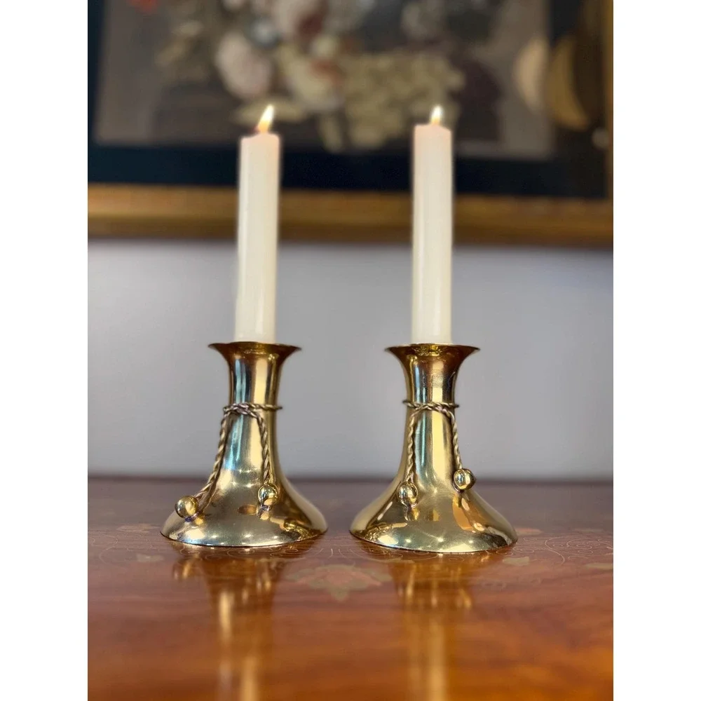 Vintage Brass Candlestick Pair • Tassel Taper Candle Holders